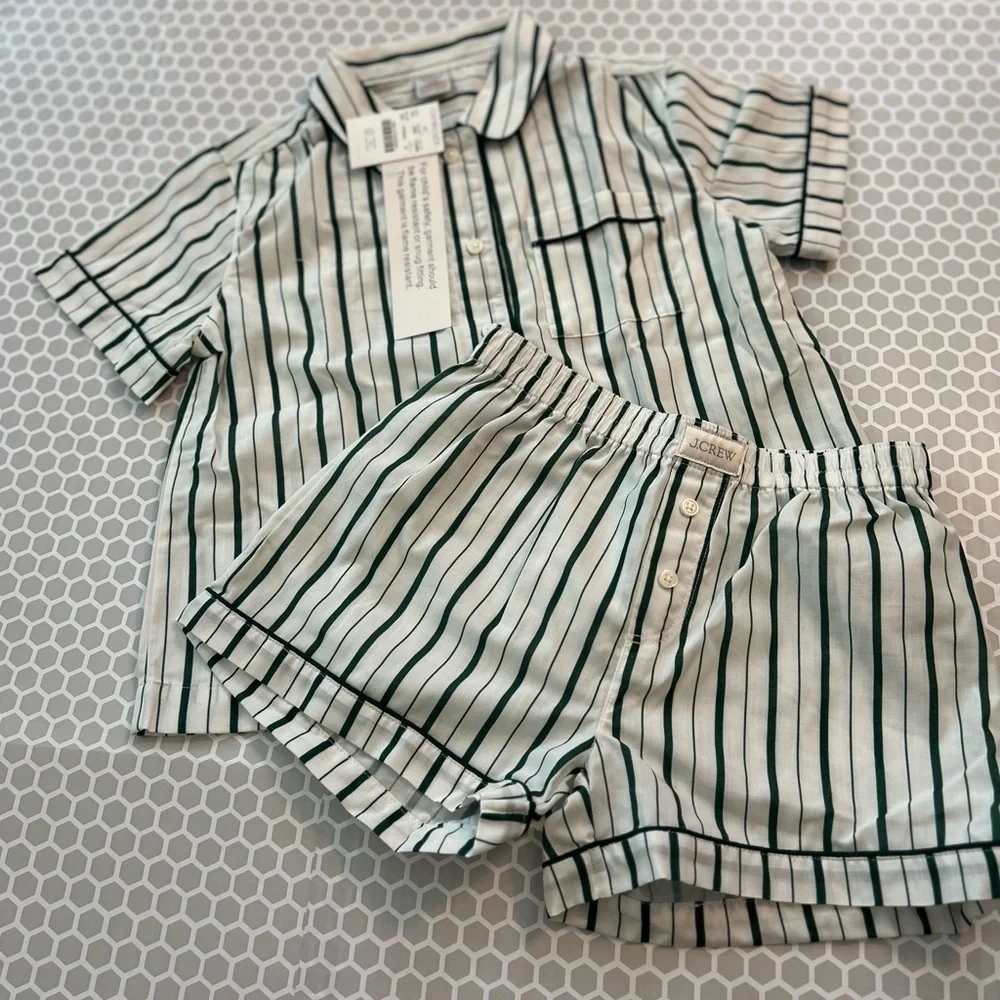 NWT J. Crew Kids Green and White Striped Pajama Set Size M (8-9)